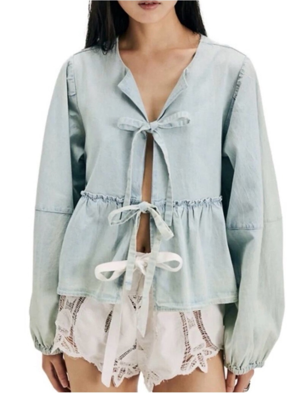 Free People Denim Brunch Babe Top with tie closures, size S